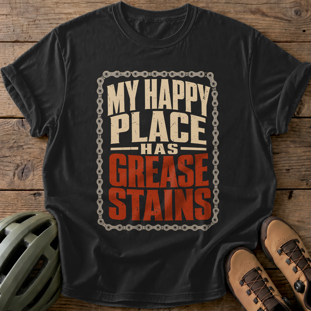 My Happy Place Has Grease Stains Tee — black