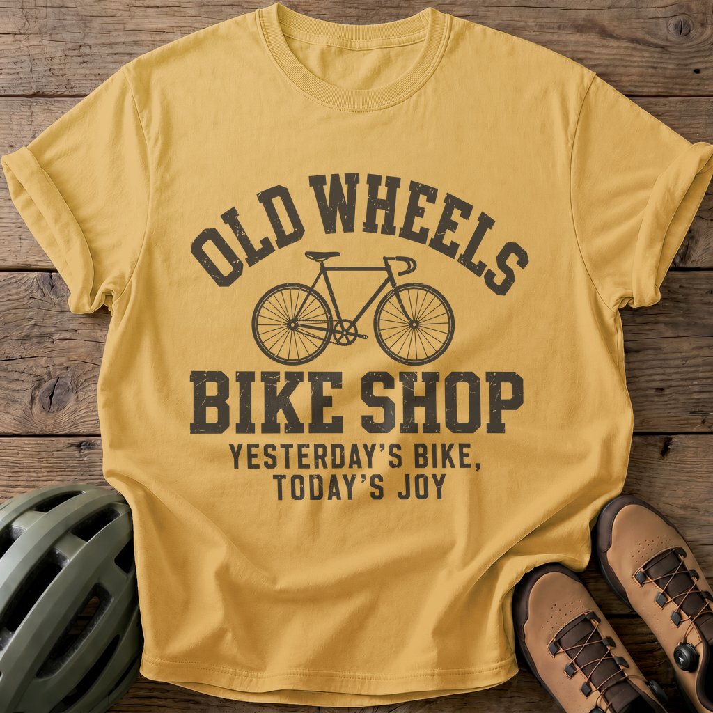 Old Wheels Bike Shop Tee — mustard