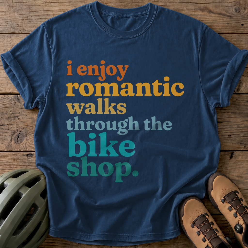 Romantic Bike Shop Walks Tee — navy