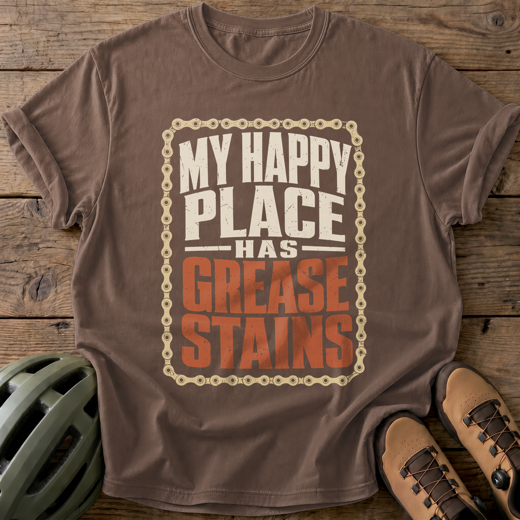 My Happy Place Has Grease Stains Tee — espresso