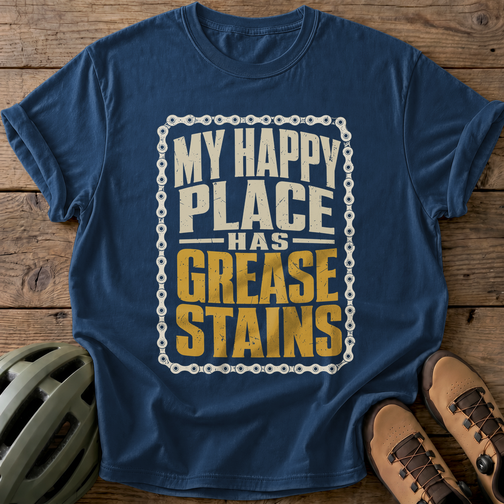 My Happy Place Has Grease Stains Tee — navy